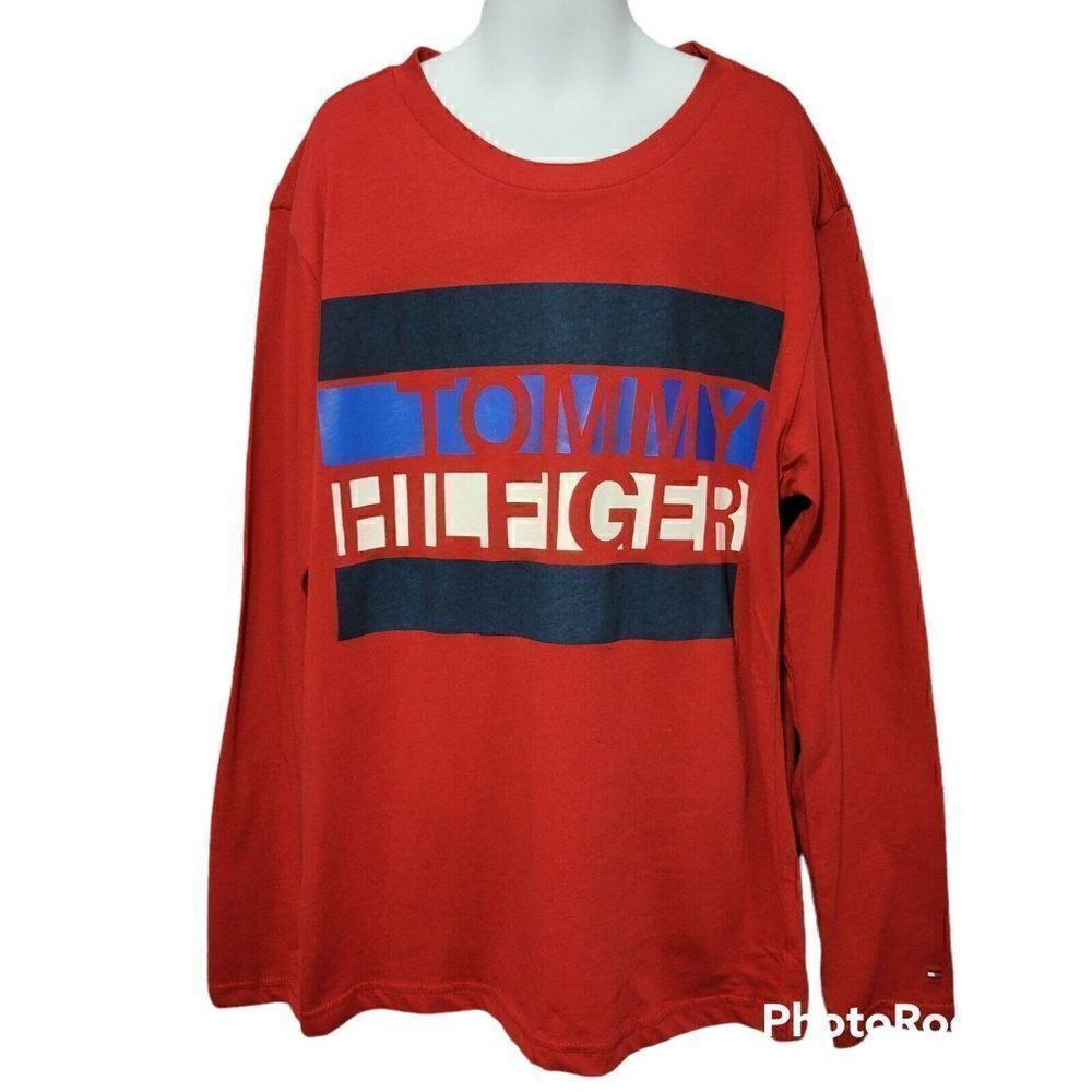 Tommy Hilfiger T-Shirt Boys Size Medium (12/14) Long Sleeve Red Blue School NWT‎